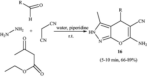 Scheme 23. Preparation of 6-amino-5-cyano-3-methyl-4-aryl/heteroaryl-2H,4H-dihydropyrano[2,3-c]pyrazoles in the presence of piperidine.