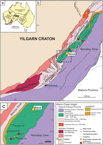 Figure 1. Regional geological map of the eastern Albany–Fraser Zone displaying locations of Nova-Bollinger and other Ni–Cu deposits/prospects. Previous metamorphic investigations in the southern Fraser Zone at Wyralinu Hill, Gnamma Hill and Mt Malcolm in Clark et al. (Citation2014) and Glasson et al. (Citation2019) are shown. Map adapted and modified after Taranovic et al. (Citation2021).