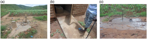 Figure 1. Water and sanitation facilities in primary schools, Rumphi, Malawi: (a) Afridev hand-pump with uneven pathway and platform, (b) raised seat over the pit latrine squat hole made from local bricks, and (c) municipal piped water tap.