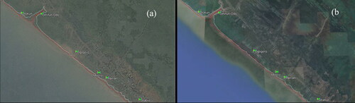 Figure 5. Shoreline change rates in Olokun, Omifun-Odo, Ogogoro, and Motoro from 1984 to 2023. (a) 1984, (b) 2023. The white line represents 2023, and the red line is 1984.