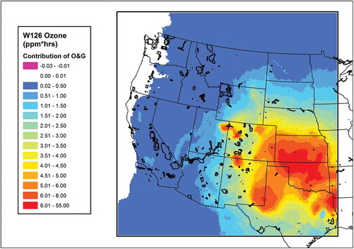Figure 7. Modeled contribution of emissions associated with oil and gas production activity to the annual maximum W126 ozone concentration (ppm-hr). National parks and Class I areas are outlined in black.