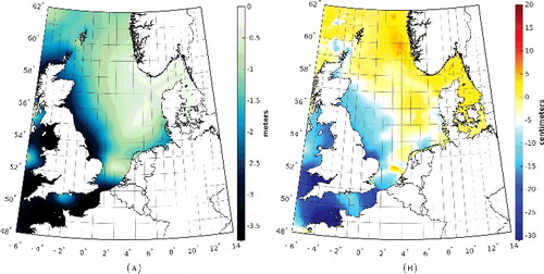 Figure 3. LAT relative to the EGG2015 computed using the DCSMv6 over the period January 1993–January 2012 (a). To compute this realization, tidal water levels derived from tide gauge records acquired at 31 locations were assimilated (see Figure 2). Panel (b) shows the difference between the realizations with and without data assimilation.