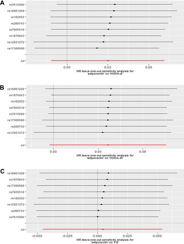 Figure 6 The forest plot of leave-one-out analysis depicting the relationship among adiponectin and HOMA-β, HOMA-IR, FG with eight valid SNPs.Notes: Leave-one-out analysis depicted adiponectin-to-outcome MR results (IVW method) by sequentially re-evaluating the causal estimate after discarding one IV at a time, which helped determine whether the overall effect was driven by one specific genetic variant. (A) The black point was the causal effect estimate of adiponectin and HOMA-β after discarding a certain IV, and the black line indicated the 95% CI of the estimate. The red point was the causal effect estimate of adiponectin and HOMA-β with the eight valid SNPs using the IVW methods, and the red line indicated the 95% CI of the estimate. (B) The black point was the causal effect estimate of adiponectin and HOMA-IR after discarding a certain IV, and the black line indicated the 95% CI of estimate. The red point was the causal effect estimate of adiponectin and HOMA-IR with the eight valid SNPs using IVW methods, and the red line indicated the 95% CI of the estimate. (C) The black point was the causal effect estimate of adiponectin and FG after discarding a certain IV, and the black line indicated the 95% CI of estimate. The red point was the causal effect estimate of adiponectin and FG with the eight valid SNPs using IVW methods, and the red line indicated the 95% CI of the estimate.Abbreviations: SNPs, single-nucleotide polymorphisms; Egger, MR Egger regression; IVW, Inverse variance weighting; HOMA-B, β-cell function index; HOMA-IR, insulin resistance; FG, fasting glucose; CI, confidence interval.