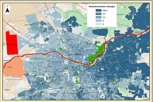 Figure 1 A map of the highway project cutting through the centre of Santiago, affecting mostly low-income neighbourhoods with low car ownership rates and therefore little opportunity to use it. The large green patch is the San Cristobal Hill around which the Coordinadora organizations were located. The yellow line is the final path of this sector of the highway—under the river, so it left three of the four Coordinadora communities intact. Source: Living City.
