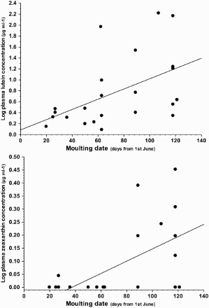 Figure 2. Changes in plasma lutein and zeaxanthin concentrations within the moulting period in adult male Great Tits sampled in 2005 (n = 23). Day zero corresponds to June 1.