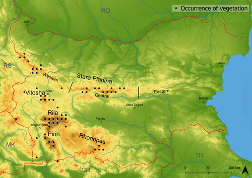 Figure 1. Map of main Bulgarian Mountain ranges with the occurrence of vegetation plots.