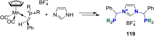 Scheme 78. Syntheses of imidazolium-containing mixed (P,N)(P,N+)-acetals (R = Ph, Cy).[Citation291]