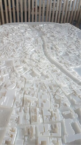 Figure 2. Open data visualisations projected onto 3D printed model of Dublin City (BCD Citation2021).