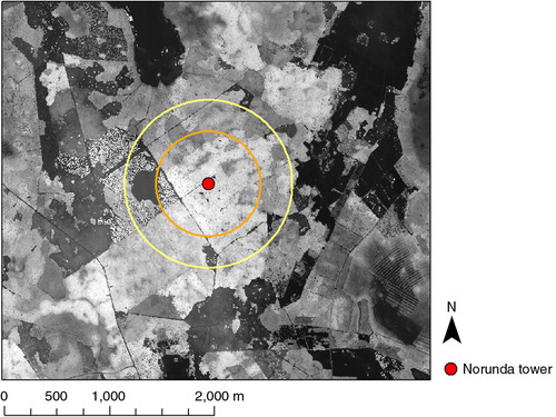 Fig. 1 Digital surface model (DSM) of the Norunda site. The circles denote 500 m (orange) and 800 m (yellow) distance from the tower (red dot).