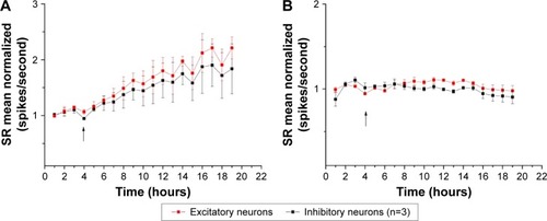 Figure 7 Normalized averaged SR for experiments with MSNPs of different sizes.Notes: Each point represents a segment time of 30 minutes, for which averaged data were normalized to mean control value; the arrow indicates MSNP administration. (A) MSNPs of 30 nm increased mean value of SR versus control: in control and at the end of treatment, the averaged data normalized for excitatory (inhibitory) neurons were 1.14±0.03 (1.1±0.06) and 2.21±0.2 (1.8±0.44) Hz, respectively; no significant difference was detected between different time points (P>0.05). (B) MSNPs of 250 nm did not affect the neuronal network. Values presented as mean ± standard error of mean obtained from three replicates (n=3).Abbreviations: MSNPs, mesoporous silica nanoparticles; SR, spike rate.