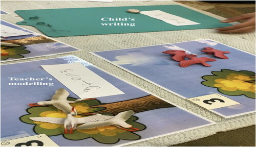 Figure 2. Teacher’s modelling and child’s writing in the math activity.