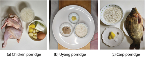 Figure 1. Main ingredients for each porridge. (a) Chicken, garlic, egg, green onion, ginger and rice, which are ingredients used in the cooking of Chicken porridge; (b) Beef stomach, ginger and rice, which are ingredients used in the cooking of Uyang porridge; (c) Crucian carp, ginger, onion and rice, which are ingredients used for cooking carp porridge.