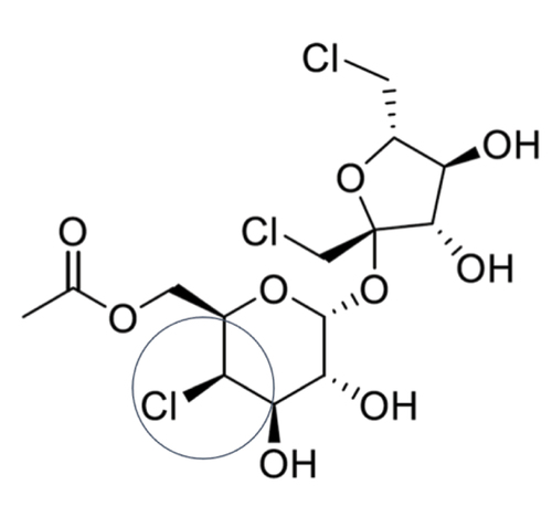 Figure 2. The secondary alkyl halide (encircled) of sucralose-6-acetate that generated a bacterial mutation alert by Leadscope®.