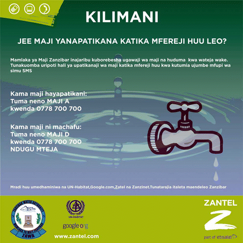 Figure 1.  Example of a billboard design as put at 50 public water points in Zanzibar, urging people to report poor quality and/or lack of water via SMS to the water authorities.