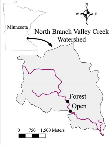 Figure 1. Map of North Branch of Valley Creek, MN, USA, showing study locations.