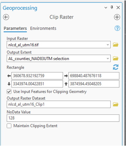 Figure 40. The dialog box from clipping the land cover data (nlcd_al_utm16.tif) layer to the extent of the Lee county layer.