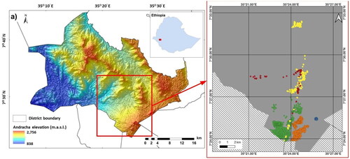 Figure 1. Maps of a) the study area with elevation between 838 m above sea level (m.a.s.l.) to 2756 (m.a.s.l.) and b) dense sample plots used for the classification bamboo-orange, Forest- dark green, other vegetation-yellow, non-vegetation-red, and water body-blue. The grey area represents the study district, and hashed area is other districts.