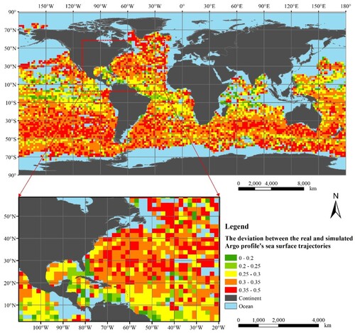 Figure 10. Deviation between the Argo float sea surface real trajectories in a global 2°×2° grid and the trajectories simulated using the HYCOM surface flow field.