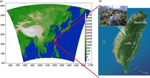 Fig. 1 (a) Simulation domain and location of Taiwan (red box) in East Asia, and (b) location of Lulin Atmospheric Background Station (23.47°N, 120.87°E, elevation 2862 m).