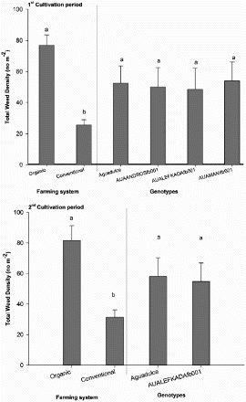 Figure 2. Effects of the farming system (organic system vs. conventional) and faba bean variety (‘Aquadulce’, ‘AUAANDROSfb001’, ‘AUALEFKADAfb001’, ‘AUAMANIfb001’) on total weed density (no m−2) in both experimental years. For each factor, bars followed by different letters indicate significant differences according to the Duncan's multiple range test (P < 0.05).Vertical bars indicate the standard errors of the means.