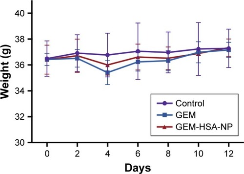 Figure 7 Body weights of KM mice.Note: NS was used as control.Abbreviations: GEM, gemcitabine; GEM-HSA-NP, gemcitabine-loaded human serum albumin nanoparticle; KM, Kunming; NS, normal saline.