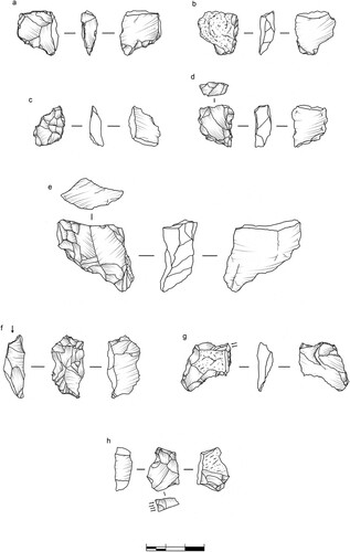 Figure 18. EDAR 135, upper level quartz tools: (a–e) sidescrapers; (f–h) combined tools. Drawings by M. Ehlert.