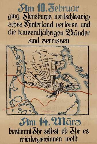 Figure 4b. Danish poster (written in German) distributed by the Danes after the 10 February plebiscite vote within Zone I gave Denmark suzerainty over northern Slesvig. The vote for Zone II was to be held March 14, and the Danes wished to convince the population of Zone II to vote Danish because otherwise a huge area of Flensburg’s hinterland (as shown on the map) would be severed from Flensburg. Zone II nevertheless went to Germany. (https://www.flickr.com/photos/statensarkiver/11802739954/in/photolist-iYY8rU-iYXim4-iYW2mT-iYZUL1-iYW1TP-iYZUmd-iYW1XX-iYY87q-iYW28M-iYZUCW-iYW2tr-iYY89E-iYY8os-eF9K9F-iYZUvm. Danish Royal Archives, Creative Commons. Accessed 17 December 2020)