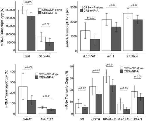 Figure 3 Downregulation of genes predominantly associated with Th1 and Th17 inflammation in peripheral blood favor an overall type 2 profile in patients with CRSwNP-A compared to CRSwNP.