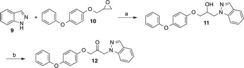 Scheme 2. Reagents and conditions: (a) Cs2CO3, DMF, room temp., 23 h; (b) Dess-Martin periodinane, CH2Cl2, room temp., 3 h.