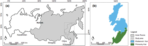Figure 1. The study area. (a) Asian Russia, (b) Primorsky and Khabarovsk Krais.
