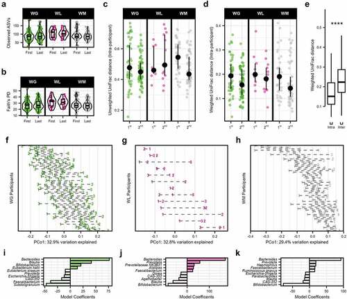 Figure 2. Gut microbiome diversity and community structure of freshman college students categorized by weight gain (WG), weight loss (WL), or weight maintenance (WM) change trajectories over the academic year. Alpha diversity, measured by (a) observed ASVs and (b) Faith’s PD. (c) Unweighted UniFrac and (d) weighted UniFrac distances within individuals (intra-individual) were calculated for the first (Δ first and second samples) and second (Δ first and third samples) distances. Median ±95% confidence intervals displayed in black. (e) Boxplots of the intra- and inter-individual weighted UniFrac distances for the 139 participants. Shifts in GM community at the genus level were observed across individuals on the first principal coordinate over the academic year of (f) WG participants, (g) WL participants, and (h) WM participants (weighted UniFrac). Each series of connected points represents a single individual in the study with the number representing the time point of the study in months. Model coefficients of the PERMANOVA analysis (model: Genus ∼ weight category × time) of weighted UniFrac distances for the (i) WG participants, (j) WL participants, and (k) WM participants displayed distinction and similarity. Genera with high coefficients (positive or negative) were visualized to distinguish the taxonomic drivers of the microbiome community over time between the three weight change trajectories. Only the top 10 genera are shown. In boxplots, the median is represented by the center line with the box representing the 1st and 3rd quartiles, whiskers extend 1.5× the interquartile range.