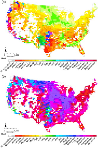 Figure 4. For the CONUS, the median (a) SOS date, and (b) EOS date, as observed between 2001 and 2010. The GSCs are shown at their native resolution (0.5°) without any post-processing application of a finer scale cropland mask to account for true cropland extent estimation (as in Figure 3(a) and 3(b)).
