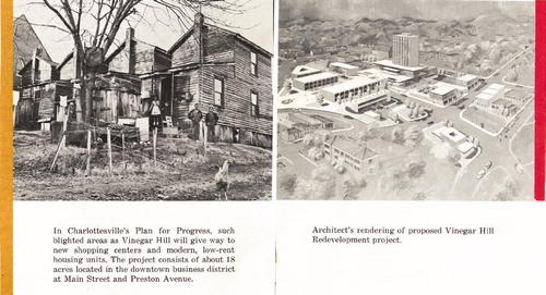 Figure 8. In this image from a city-published pamphlet, a backyard garden in winter is contrasted with a modernist shopping plaza proposed for the same site. City of Charlottesville, “Report to Our Citizens,” 1964. (Image and its captions in the public domain.)