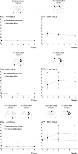 Figure 4. Quantification of the uptake of 18F-FDG tracer. Illustrations above the graphs are schematic representations of a transverse section of the rabbits’ hind legs, with the implant-containing tibia on the right (ellipsoids represent the soft tissues, triangles represent the tibiae (with black triangles representing the contaminated tibiae), and circles represent the implants). Black arrows indicate the tissues compared in the corresponding graph. A. Uncontaminated implant group. Quantification of the tracer uptake in soft tissue (left panel) and the tracer uptake in both tibiae (right panel). B. Contaminated implant group. Quantification of the tracer uptake in soft tissue (left panel) and the tracer uptake in both tibiae (right panel). C. Comparison of tracer uptake in the operated leg in the uncontaminated group with that in the contaminated implant group. Asterisks indicate p-values < 0.05. The error bars represent 95% confidence intervals.