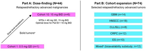Figure 1 Study design. In Part A, an accelerated titration design was used to establish toxicity and QD and BID dosing were evaluated. Initial cohorts of 1 patient each were administered CC-115 at dose increments of 100% in 28-day cycles until ≥grade 2 toxicity, after which a standard escalation dosing schedule with approximately 50% dose increments and 6 patients per cohort was initiated. In Part B, patients with protocol-specified tumors received CC-115 10 mg BID. aGI (25%), sarcoma (14%), biliary, breast, GYN, lung, NET, skin (7% each), CNS, renal, other (4% each), endocrine, GU, pancreas (2% each). bBreast (5 patients), ovary (2 patients), NSCLC, PEComa, CRC, thyroid, sarcoma (1 patient each).Abbreviations: BID, twice daily; CLL/SLL, chronic lymphocytic leukemia/small lymphocytic lymphoma; CNS, central nervous system; CRC, colorectal cancer; CRPC, castration-resistant prostate cancer; ES, Ewing sarcoma; GBM, glioblastoma multiforme; GI, gastrointestinal; GU, genitourinary; GYN, gynecological; HNSCC, head and neck squamous cell carcinoma; NET, neuroendocrine tumor; NSCLC, non-small cell lung cancer; PEComa, perivascular epithelioid cell neoplasms; QD, once daily.