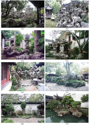 Figure 10. Images of rockery scenic surfaces about gardens: (a) The HXSZ; (b) The SZL; (c) The YY; (d) The WSY; (e) The YP; (f) The OY; (g) The ZZY; (h) The WSY.