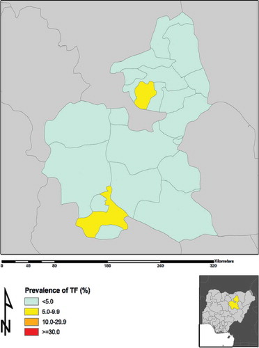 Figure 1. Prevalence of trachomatous inflammation – follicular (TF) in 1–9-year-old children, by local government area, Global Trachoma Mapping Project, Bauchi State, Nigeria, 2013–2014.