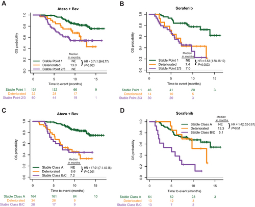 Figure 4 Association of kinetics of IGF-1 levels or IGF-CTP scores with survival outcomes. KM curves of OS stratified after 1 cycle of Atezo+Bev (A) or sorafenib (B) treatment IGF-1 levels stayed at Point 1 (Stable Point 1), decreased from Point 1 to Point 2/3 (Deteriorated) or stayed at Point 2/3 (Stable Point 2/3). KM curves of OS stratified after 1 cycle of Atezo+Bev (C) or sorafenib (D) treatment IGF-CTP classes stayed at A (Stable A), changed to B/C (Deteriorated) or stayed at B/C (Stable Class B/C).