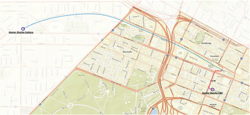 Figure 1. Hames sharley Subiaco and Perth CBD office locations. blue line denotes train route, red line indicating walking leg from Perth underground to CBD office. (Author 2022 adapted from ArcGIS, Citation2022.)