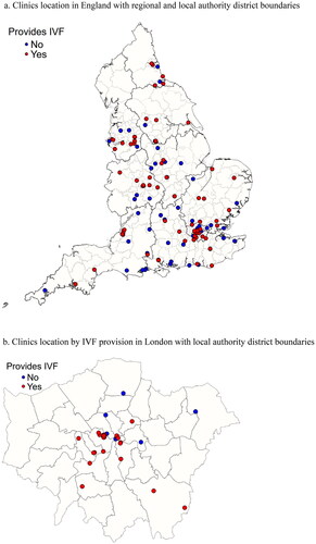 Figure 1. Clinics location by IVF provision.a. Clinics location in England with regional and local authority district boundaries.b. Clinics location by IVF provision in London with local authority district boundaries