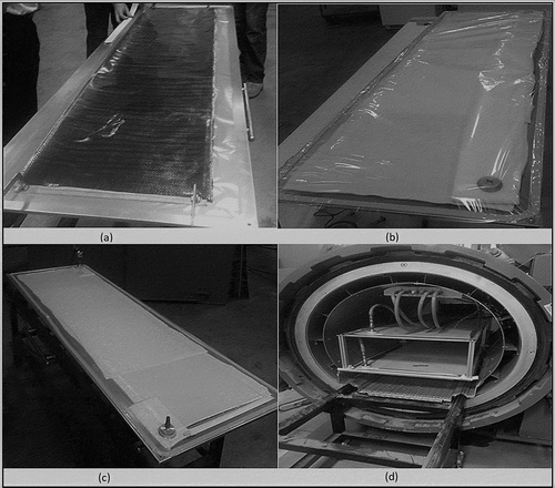 Figure 1. Stages of autoclave manufacturing of prepreg HCE: (a) stacking of carbon fiber and wire mesh layers; (b) vacuum bagging; (c) vacuum compression of HCE; (d) autoclave curing of HCE.