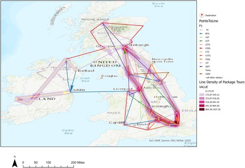 Figure 1. Line density of group tour itineraries to the UK.