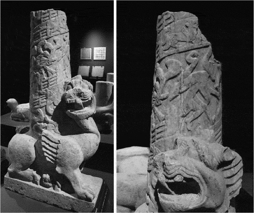 Figure 17. Stone column in the shape of a beast discovered in the Han portrait stone tomb of Jiunüdun Hill at the East Zhifang village of Lanling county. Photographs by the authors of this article.