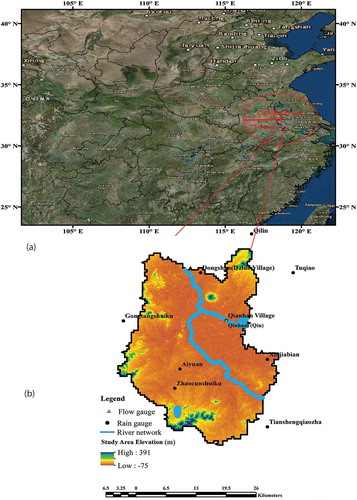 Figure 1. (a) Map of the study area showing the scanning area of the CINRAD-SA radar and (b) Qinhuai River Basin and streamflow stations with rainfall and flow gauges.