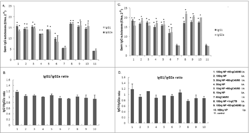 Figure 2. Antibody responses in mice induced by intranasal or intraperitoneal administration of NP vaccine with or without C48/80. Eleven groups of mice were immunized intranasally or intraperitoneal with various doses of NP vaccine alone or in combination with C48/80 adjuvant. The C48/80 immunized group, CTB★immunized group and the unimmunized group served as adjuvant control, positive control, and negative control, respectively. Two weeks after each immunization, serum of 3 mice in each group were prepared and examined by ELISA for NP-specific IgG1 and IgG2a Abs respectively. (A) The antibody responses of IgG1 and IgG2a detected in sera after the first immunization; (B) The ratio of IgG1/ IgG2a after the first immunization; (C) The antibody responses of IgG1 and IgG2a detected in sera after the second immunization; (D) The ratio of IgG1/ IgG2a after the second immunization. Results are expressed as mean ± SD of 3 tested mice in each group. *Displays Significant Difference with control group (P < 0.05).
