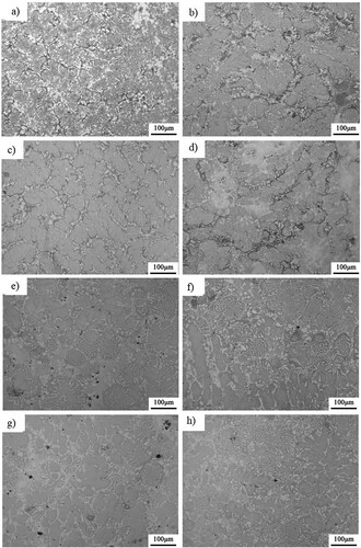 Figure 6. Metallographic microstructures after aging at (a) 1000°C for 24 h, (b) 1000°C for 48 h, (c) 1000°C for 72 h, (d) 1000°C for 144 h, (e) 1100°C for 24 h, (f) 1100°C for 48 h, (g) 1100°C for 72 h and (h) 1100°C – 144 h, respectively.