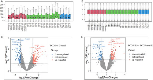 Figure 1. Sample expression correction box diagram and volcano diagram. A: Protein expression before normalization. B: Protein expression after sample normalization. The red sample represents the PCOS-non-IR group, the green sample represents the PCOS-IR group and the blue sample represents the control group. C: PCOS vs. Control. D: PCOS-IR vs. PCOS-non-IR. (Red dots represent up-regulated differential proteins, green dots represent down-regulated proteins, and no significantly changed genes are marked as gray dots).