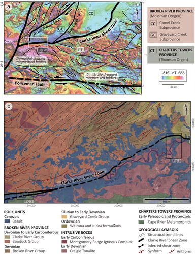 Figure 2. (a) Composite image of RTP aeromagnetic data over tilt derivative (60% transparent) with structural interpretation (modified from Abdullah & Rosenbaum Citation2018). (b) Simplified geological map of the western segment of the Clarke River Shear Zone and adjoining units (modified from Withnall & Lang, Citation1992). For the map location, see Figure 1.