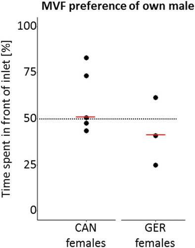 Fig. 1. Female preference for her own population’s MVF (x-axis), measured in % of time (y-axis) spend in front of the respective inlet. The medians (red) did not significantly differ from 50% for the Canadian (Wilcoxon-signed rank test: z = 0.674, P = 0.5) nor the German (Wilcoxon-signed rank test: z = 0.535, P = 0.59) females. Using Fisher’s combined probability test we show that this also holds true overall (P = 0.66)