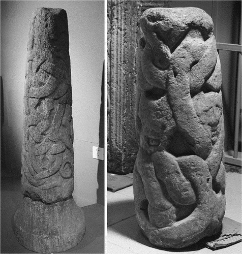 Figure 16. Left: stone column unearthed approximately three meters in front of the late Eastern Han dynasty portrait stone tomb in Wayao village, Xinyi county, Xuzhou, in 1979. Right: Han dynasty relic stone column preserved in the Xuzhou Museum’s storage room. Photographs by the authors of this article.